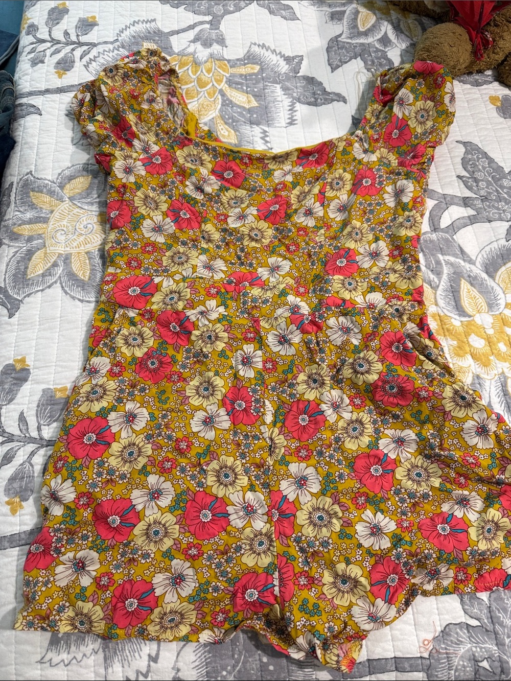 Lily Rose Mustard Yellow Floral One-Piece Romper with Pink & Cream Flowers